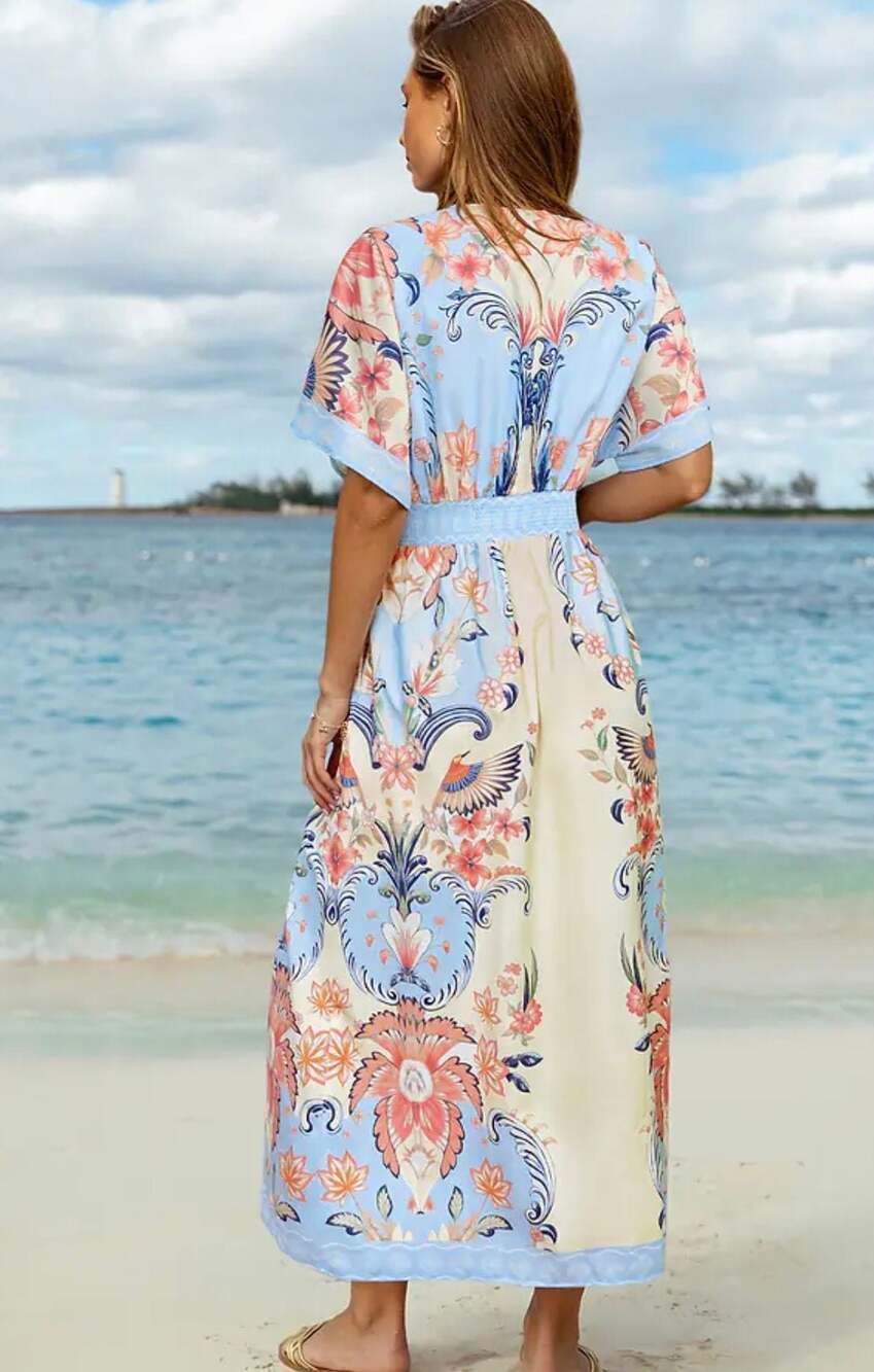 CUPSHE Watercolor Morning Floral V-Neck Smocked Maxi Dress with Side Slits - Picture 2 of 9